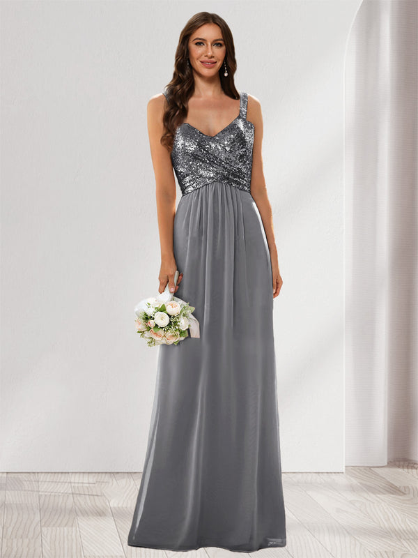 A-Line/Princess V-Neck Sleeveless Sequins Bridesmaid Dresses