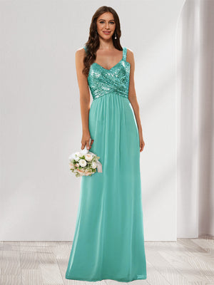 A-Line/Princess V-Neck Sleeveless Sequins Bridesmaid Dresses