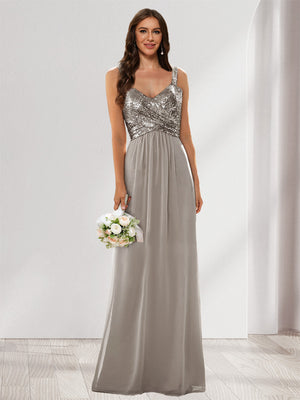 A-Line/Princess V-Neck Sleeveless Sequins Bridesmaid Dresses