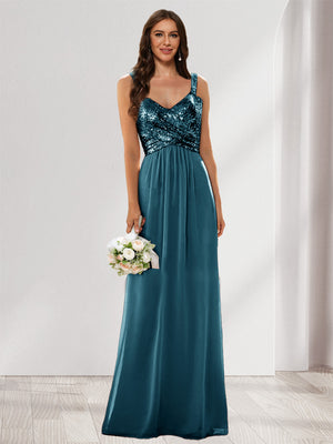 A-Line/Princess V-Neck Sleeveless Sequins Bridesmaid Dresses
