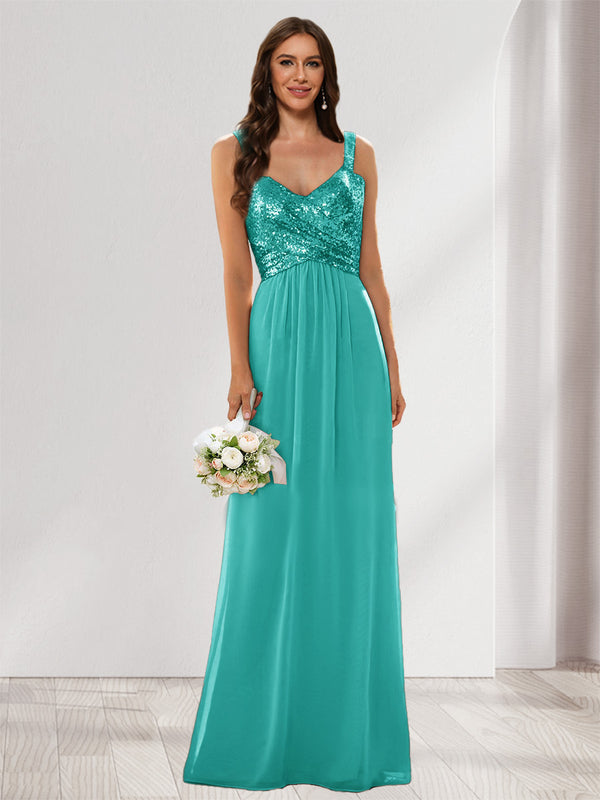 A-Line/Princess V-Neck Sleeveless Sequins Bridesmaid Dresses