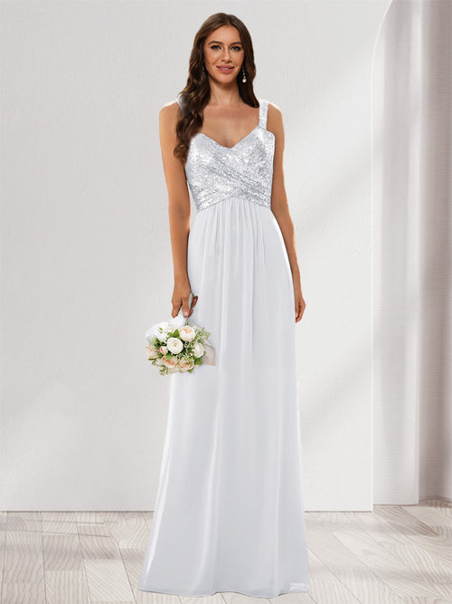 A-Line/Princess V-Neck Sleeveless Sequins Bridesmaid Dresses