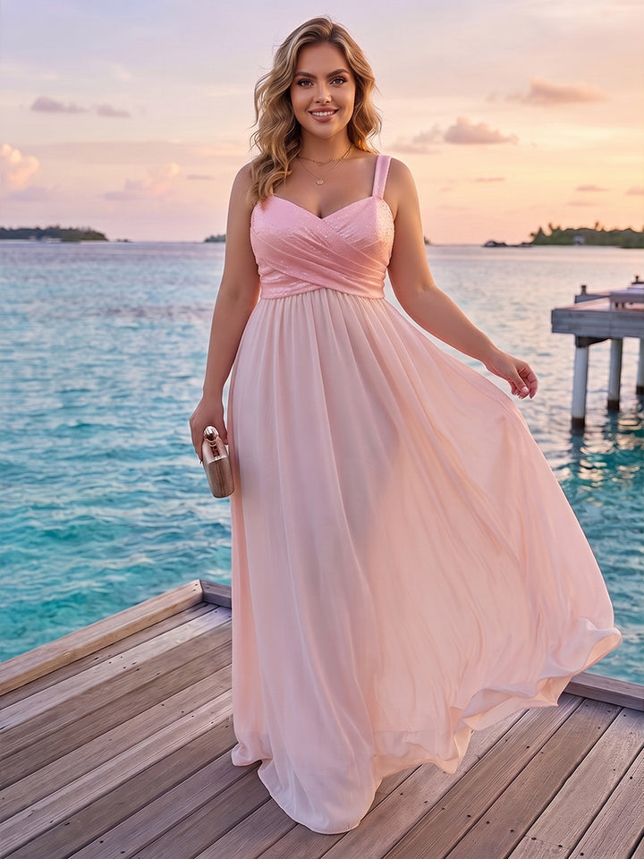 A-Line/Princess V-Neck Sleeveless Sequins Plus Size Bridesmaid Dresses