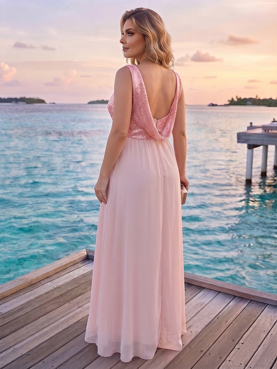 A-Line/Princess V-Neck Sleeveless Sequins Plus Size Bridesmaid Dresses