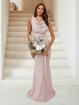 mermaid trumpet bridesmaid dresses Trumpet/Mermaid Asymmetrical Bridesmaid Dresses With Sweep Train Silk Satin Sleeveless Floor-Length, As Pic