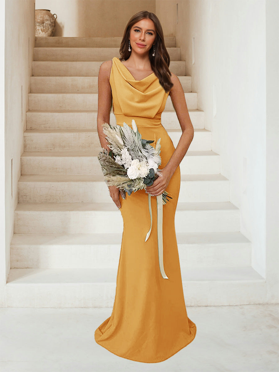 Lavetir Gold Trumpet/Mermaid Cowl Neck Sleeveless Ruched Bridesmaid Dresses 2026