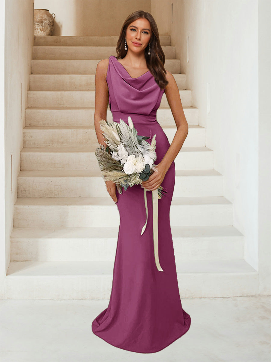 Lavetir Mulberry Trumpet/Mermaid Cowl Neck Sleeveless Ruched Bridesmaid Dresses 2026