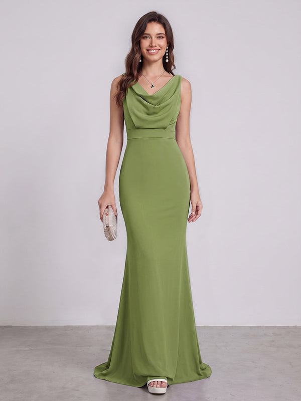 Trumpet/Mermaid Cowl Neck Sleeveless Floor-Length Bridesmaid Dresses With Ruched