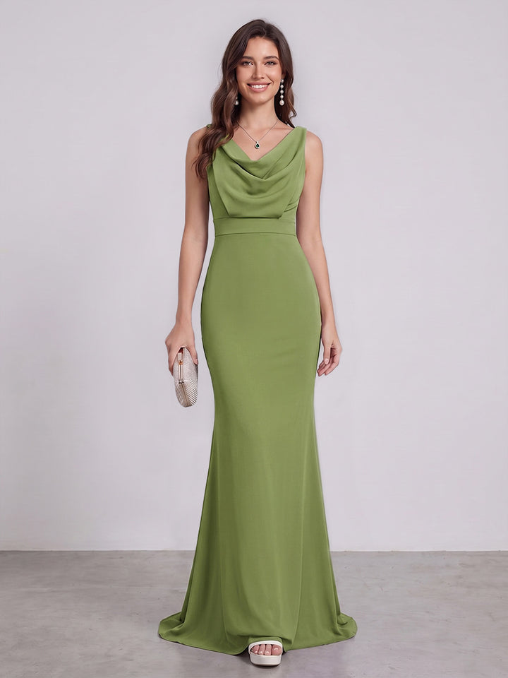 Trumpet/Mermaid Cowl Neck Sleeveless Floor-Length Bridesmaid Dresses With Ruched