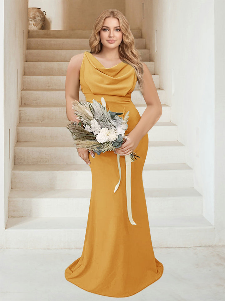 Trumpet/Mermaid Cowl Neck Sleeveless Ruched Plus Size Bridesmaid Dresses