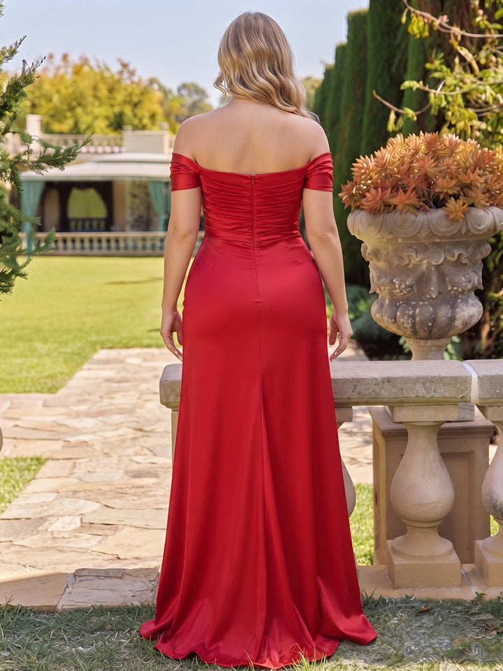 Sheath/Column Off-the-Shoulder Sleeveless Silk Satin Floor-Length Plus Size Bridesmaid Dresses with Split Side &amp; Ruched