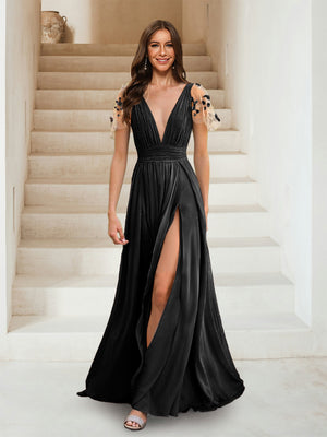 A-Line/Princess V-Neck Short Sleeves Applique Bridesmaid Dresses