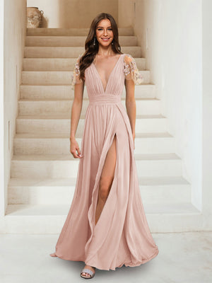 A-Line/Princess V-Neck Short Sleeves Applique Bridesmaid Dresses