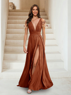 A-Line/Princess V-Neck Short Sleeves Applique Bridesmaid Dresses