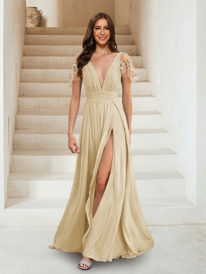 A-Line/Princess V-Neck Short Sleeves Applique Bridesmaid Dresses