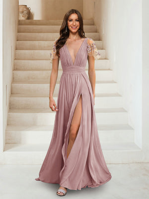 A-Line/Princess V-Neck Short Sleeves Applique Bridesmaid Dresses