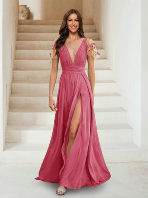 A-Line/Princess V-Neck Short Sleeves Applique Bridesmaid Dresses