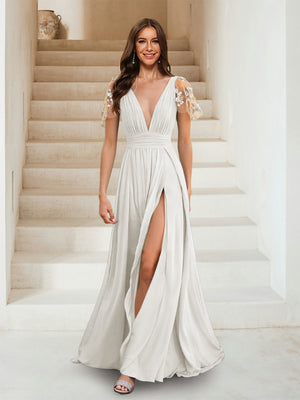 A-Line/Princess V-Neck Short Sleeves Applique Bridesmaid Dresses