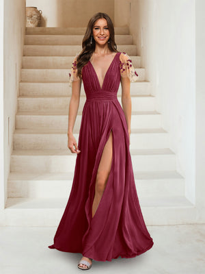 A-Line/Princess V-Neck Short Sleeves Applique Bridesmaid Dresses