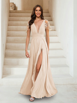 A-Line/Princess V-Neck Short Sleeves Applique Bridesmaid Dresses