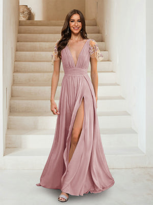 A-Line/Princess V-Neck Short Sleeves Applique Bridesmaid Dresses