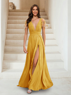 A-Line/Princess V-Neck Short Sleeves Applique Bridesmaid Dresses