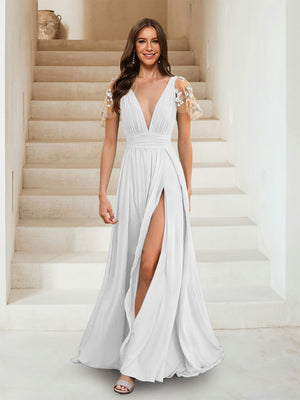 A-Line/Princess V-Neck Short Sleeves Applique Bridesmaid Dresses