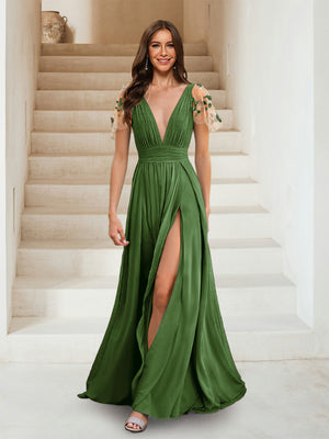 A-Line/Princess V-Neck Short Sleeves Applique Bridesmaid Dresses