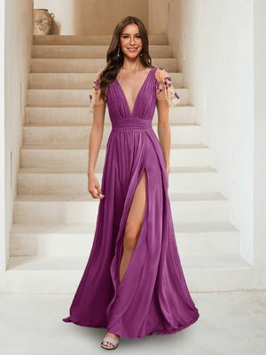 A-Line/Princess V-Neck Short Sleeves Applique Bridesmaid Dresses