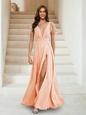 A-Line/Princess V-Neck Short Sleeves Applique Bridesmaid Dresses