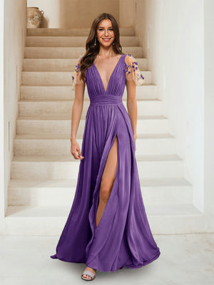 A-Line/Princess V-Neck Short Sleeves Applique Bridesmaid Dresses