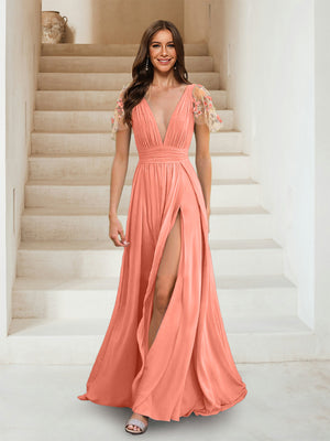 A-Line/Princess V-Neck Short Sleeves Applique Bridesmaid Dresses