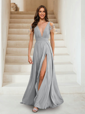 A-Line/Princess V-Neck Short Sleeves Applique Bridesmaid Dresses