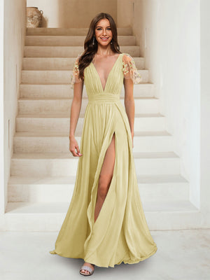 A-Line/Princess V-Neck Short Sleeves Applique Bridesmaid Dresses