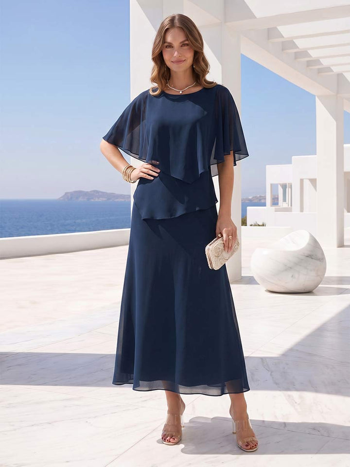 Sheath/Column Chiffon Scoop Half Sleeves Ruched Mother of the Bride Dresses