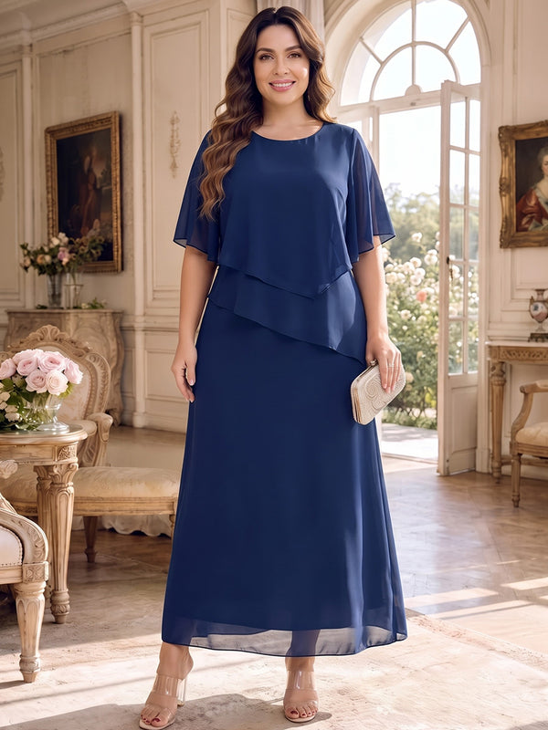Sheath/Column Scoop Cap Sleeves Chiffon Tea-Length Plus Size Mother of the Bride Dresses with Tiered&Ruffles