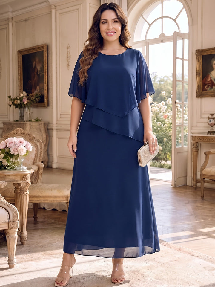 Sheath/Column Scoop Cap Sleeves Chiffon Tea-Length Plus Size Mother of the Bride Dresses with Tiered&amp;Ruffles