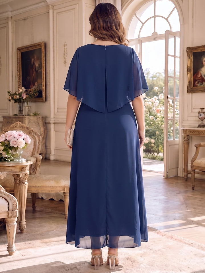 Sheath/Column Scoop Cap Sleeves Chiffon Tea-Length Plus Size Mother of the Bride Dresses with Tiered&amp;Ruffles