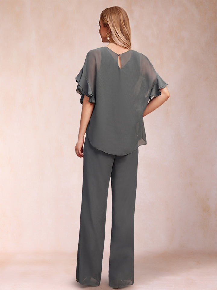 Chiffon Scoop Half Sleeves 3 Pieces Pantsuits with Ruffles