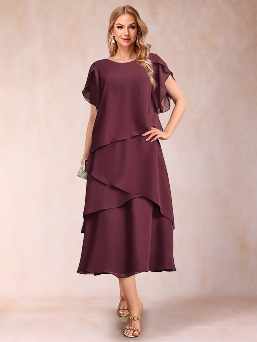 2026 Tiered Chiffon Mother of the Groom Dresses Women's A-Line Scoop Neck Flutter Sleeves Tea-Length Formal Evening Gowns