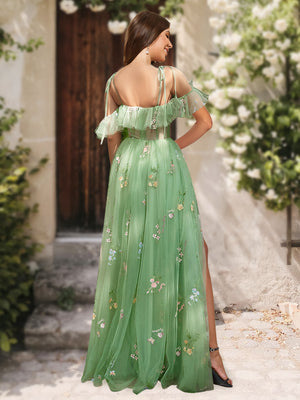 A-Line/Princess V-Neck Split Side Sleeveless Ruffles Prom Dresses