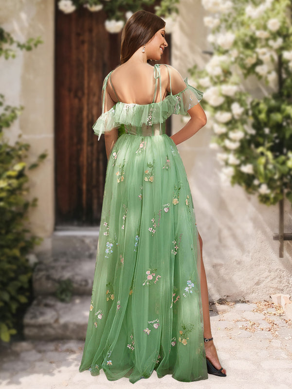 A-Line/Princess V-Neck Split Side Sleeveless Ruffles Prom Dresses