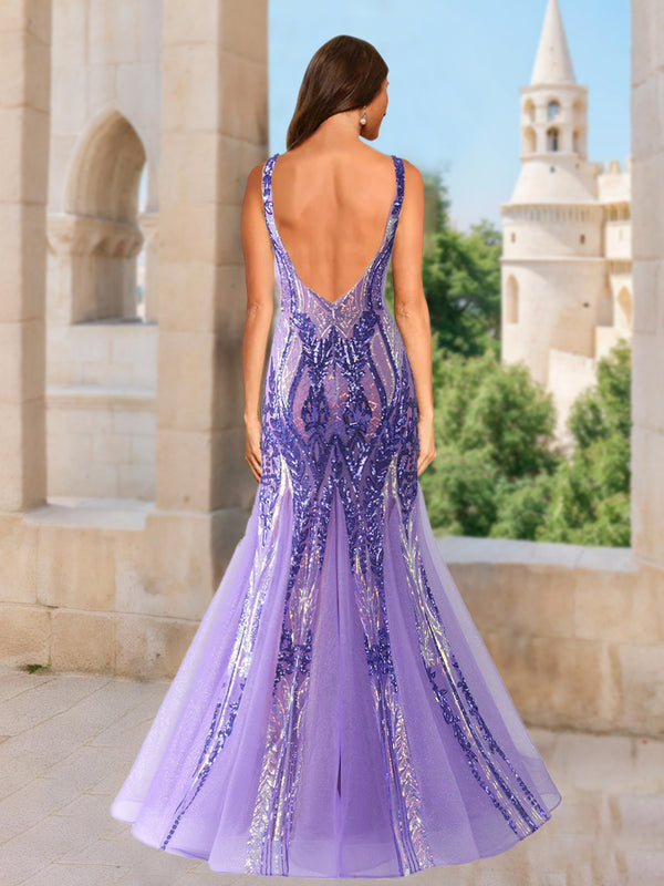 Trumpet/Mermaid V-Neck Sleeveless Sequins Prom Dresses