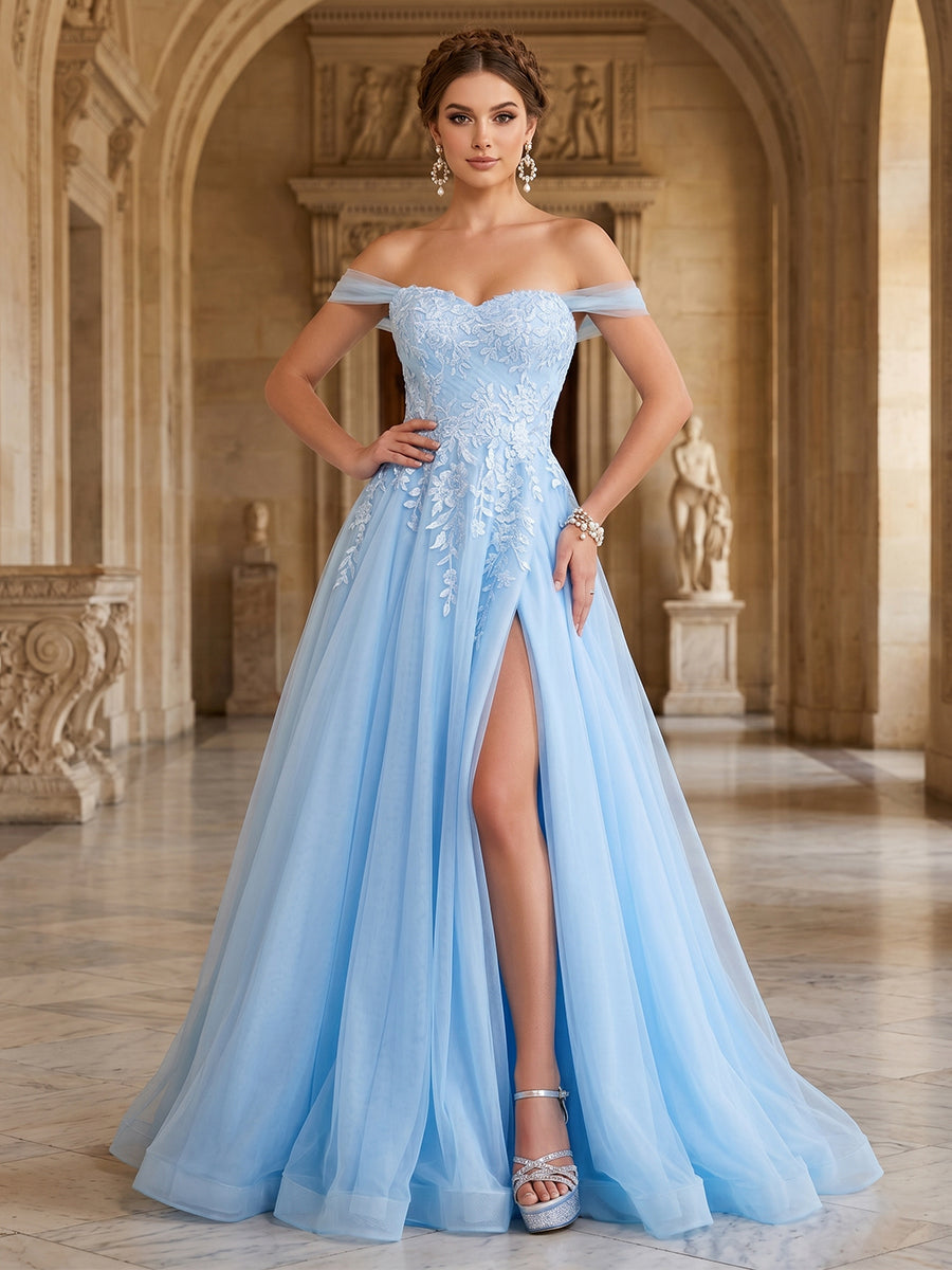 Ball Gown Prom Dresses 2026 Tiered Tulle A-Line Sleeveless Sweetheart Appliques Long Romantic Formal Evening Party Gowns with High Split