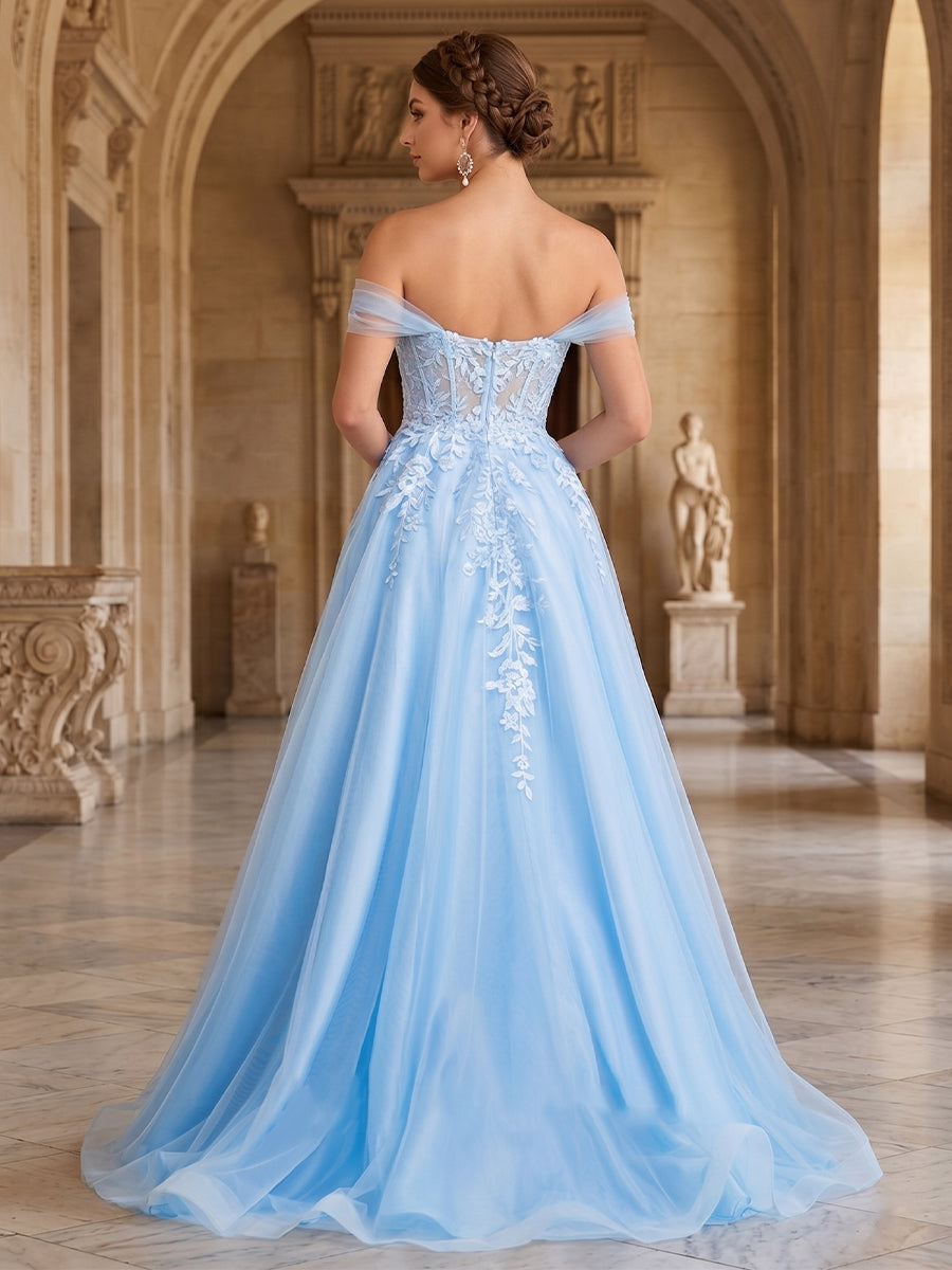 A-Line/Princess Sweetheart Appliques Tulle Prom Dresses with Split Side