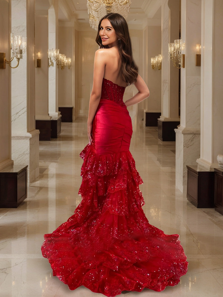 Trumpet/Mermaid Strapless Corset Ruffle Prom Dresses with Sequin Appliques