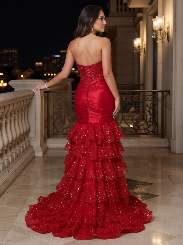 Trumpet/Mermaid Strapless Sleeveless Plus Size Evening Dresses with Sequin & Appliques & Ruffles