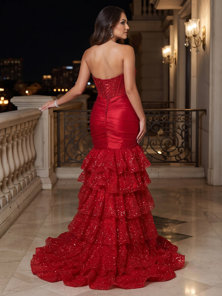 Trumpet/Mermaid Strapless Sleeveless Plus Size Evening Dresses with Sequin &amp; Appliques &amp; Ruffles