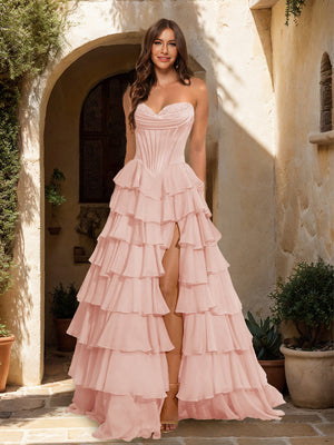 A-Line/Princess Sweetheart Ruffle Tiered Prom Dresses with Split Side