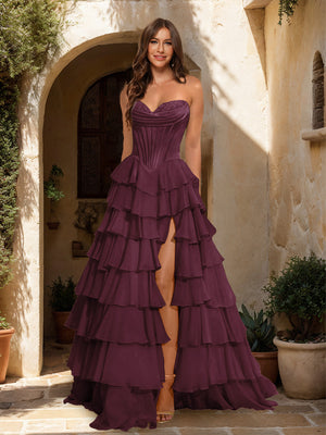 A-Line/Princess Sweetheart Ruffle Tiered Prom Dresses with Split Side